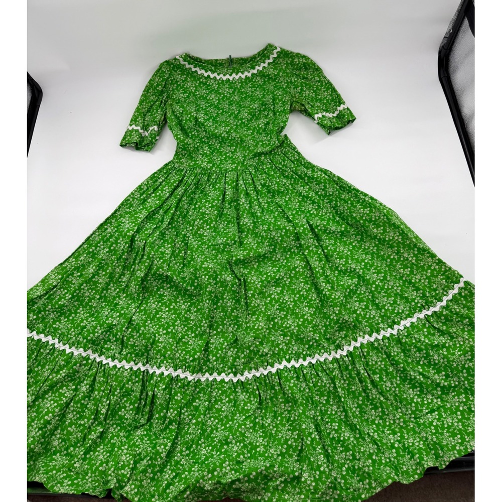 Vintage Green Floral Prairie Dress Rickrack Trim Maxi Cottagecore Handmade